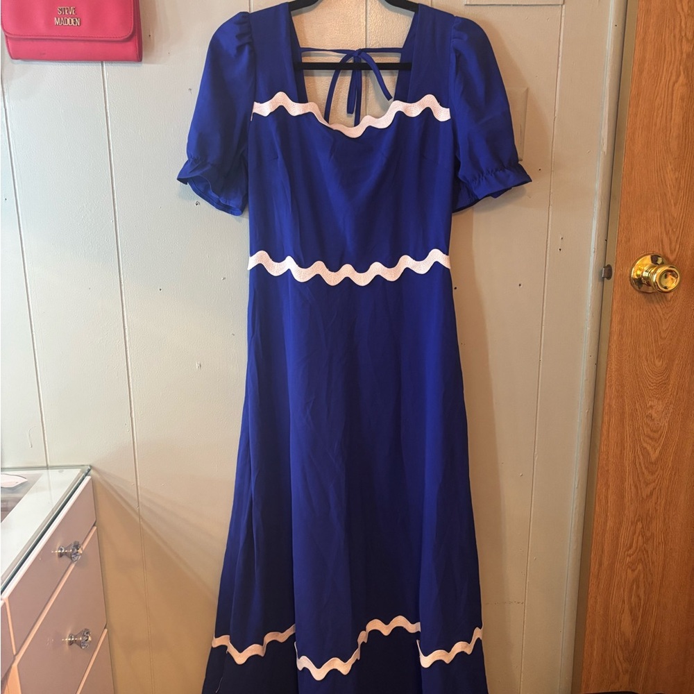 Chic Royal Blue High Low Dress with White Trim